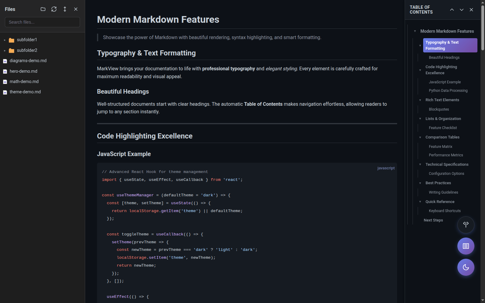 Markdown viewer dark theme with GitHub syntax highlighting
