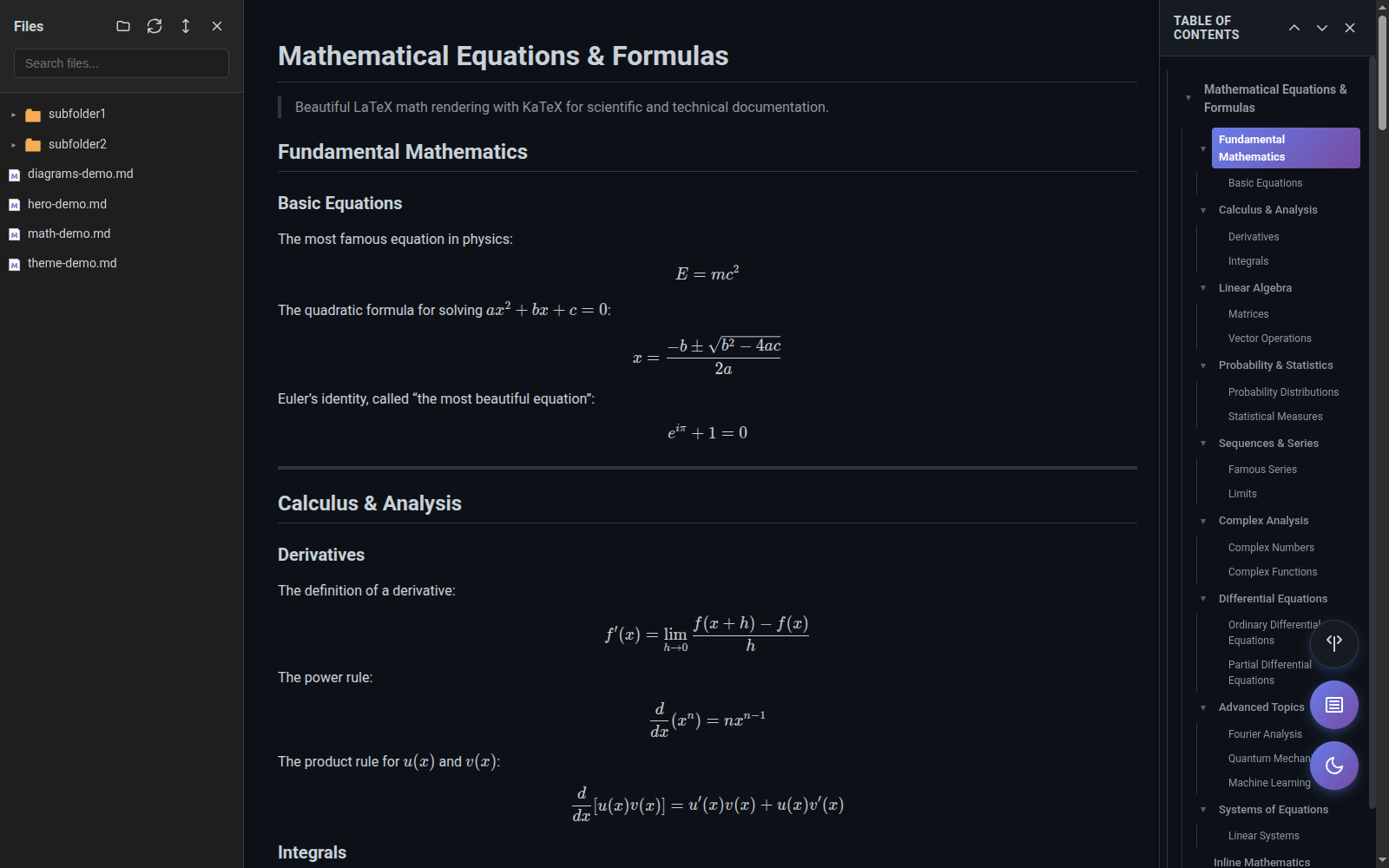LaTeX math equations rendered with KaTeX in MarkView